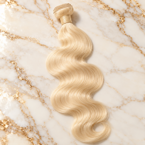 Styled illustration of blonde body wave hair extensions