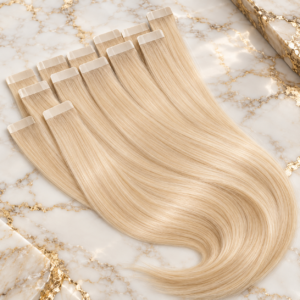 Styled illustration of blonde tape ins hair extensions